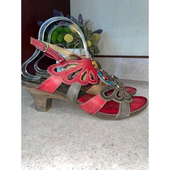 LArtiste Womens Red & Brown Leather Open-Toe Heeled Sandals With Gemstone Accent - Picture 9 of 10